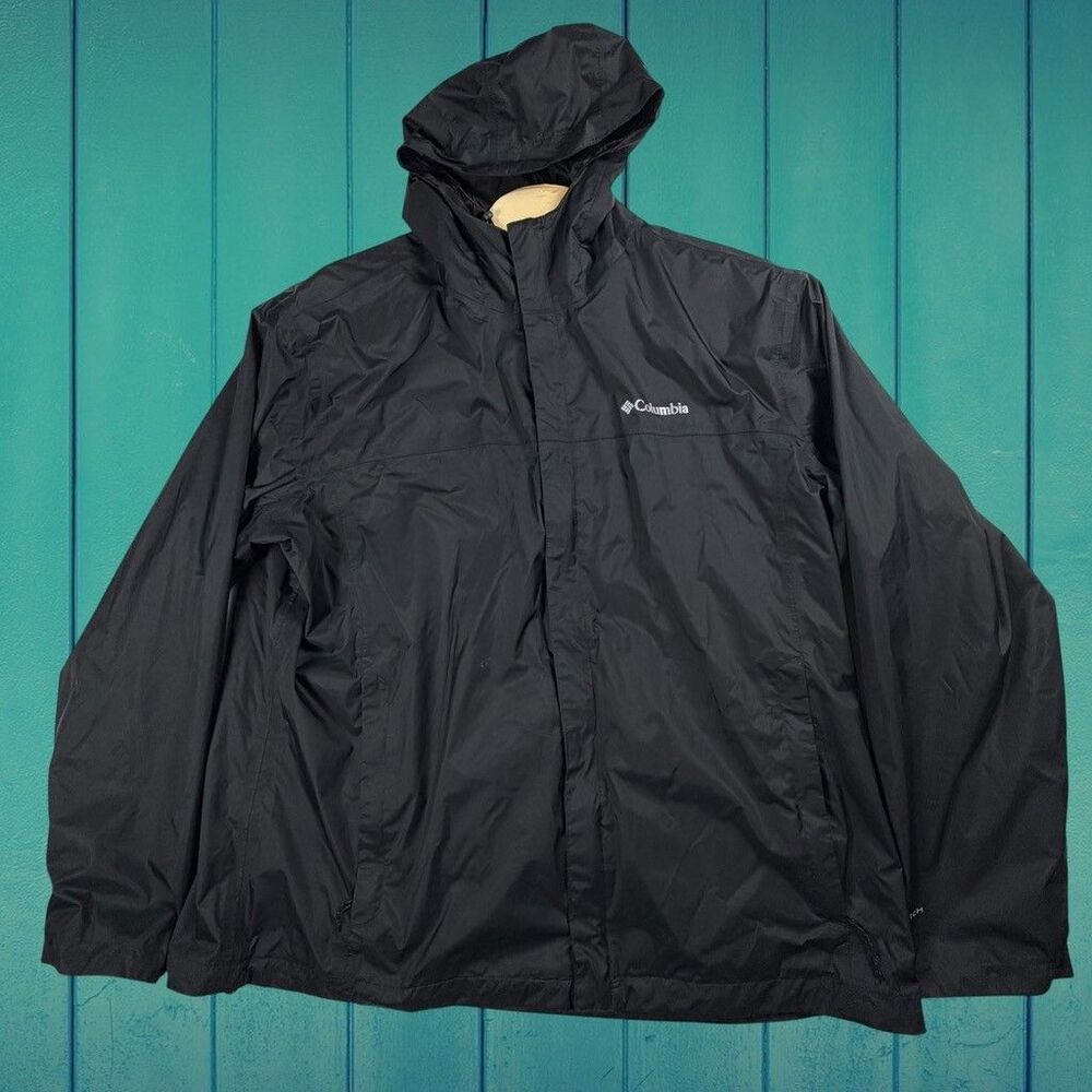 Columbia Omni-Tech Rain Jacket Mens XXL Black Hooded Waterproof Shell - Picture 2 of 11